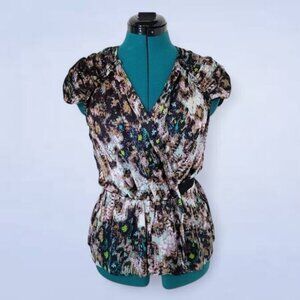 Teenflo Purple Abstract‎ Silk Wrap Blouse with Button Snap Enclosure - Size 6